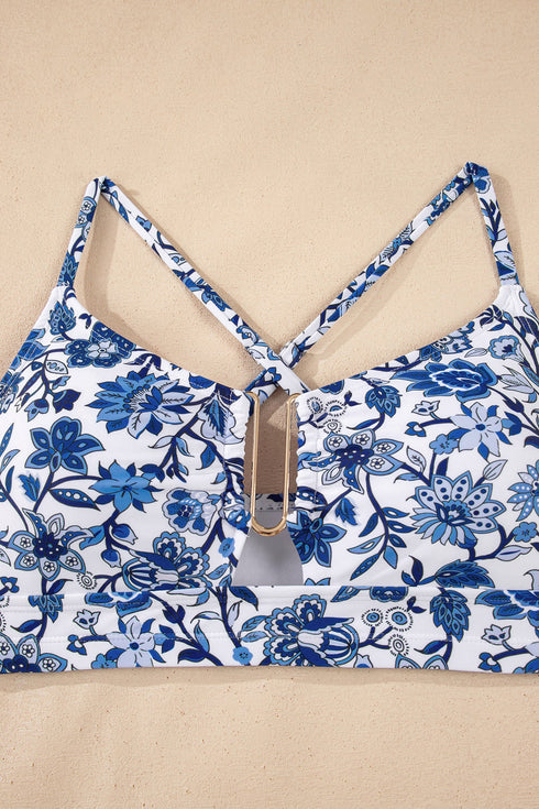 Floral Print Hardware Accent Notched Neck High Waist Bikini Set