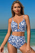 Floral Print Hardware Accent Notched Neck High Waist Bikini Set