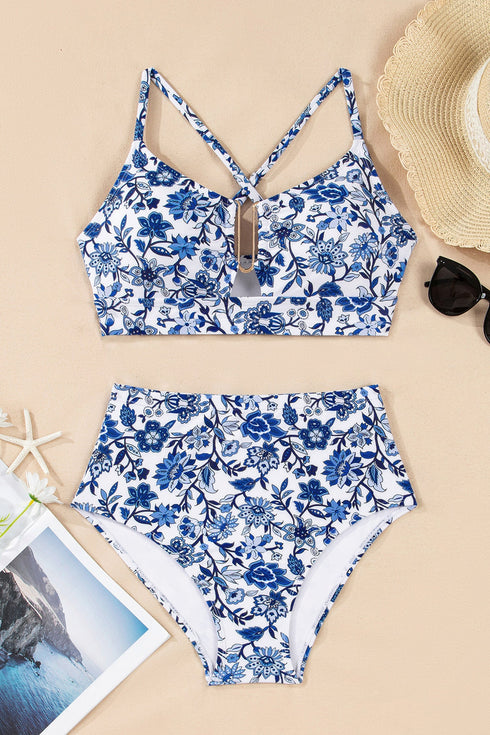 Floral Print Hardware Accent Notched Neck High Waist Bikini Set