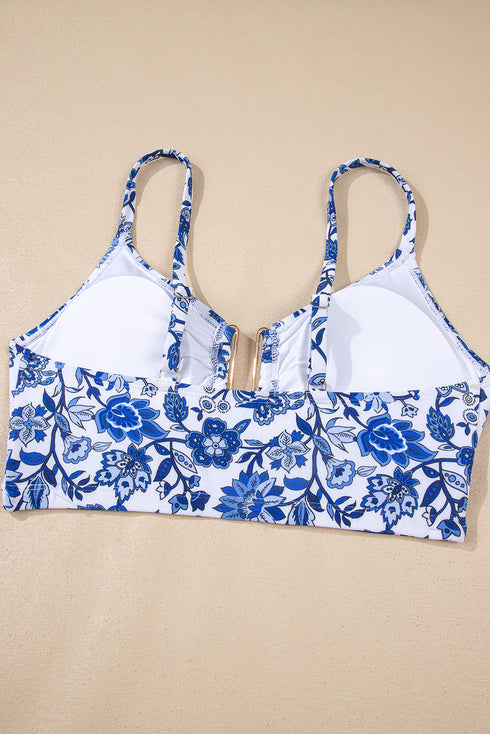 Floral Print Hardware Accent Notched Neck High Waist Bikini Set