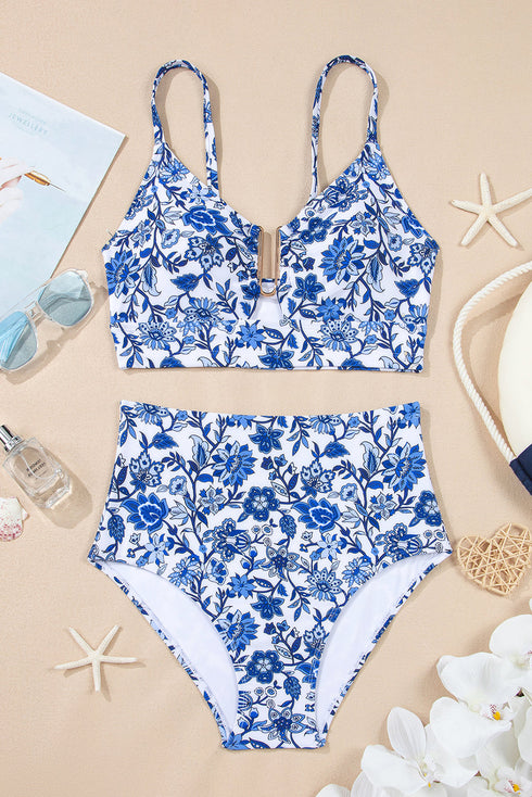 Floral Print Hardware Accent Notched Neck High Waist Bikini Set