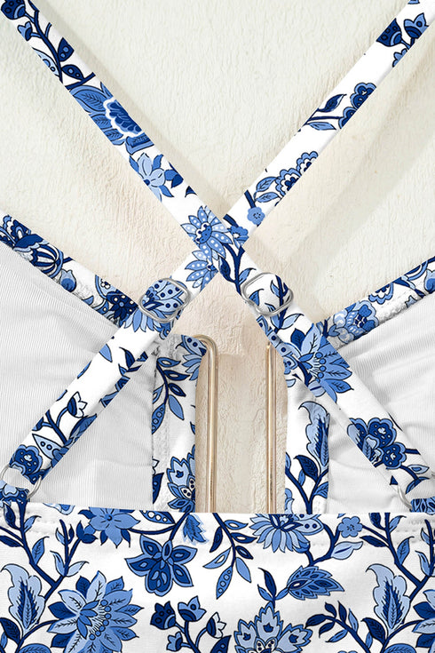 Floral Print Hardware Accent Notched Neck High Waist Bikini Set