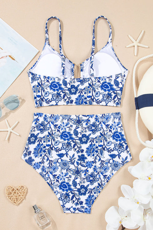 Floral Print Hardware Accent Notched Neck High Waist Bikini Set