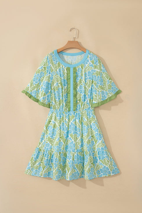 Floral Print High Waist Ruffle Sleeve A Line Dress