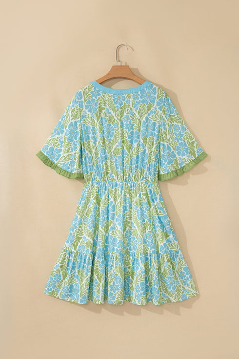 Floral Print High Waist Ruffle Sleeve A Line Dress