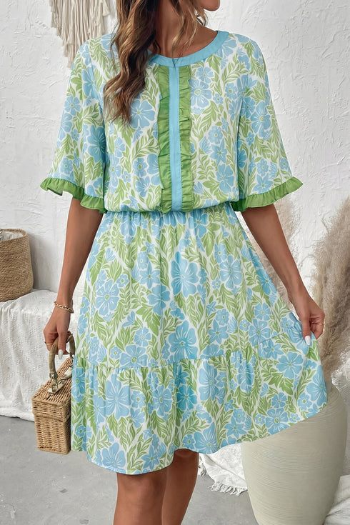Floral Print High Waist Ruffle Sleeve A Line Dress