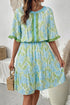 Floral Print High Waist Ruffle Sleeve A Line Dress
