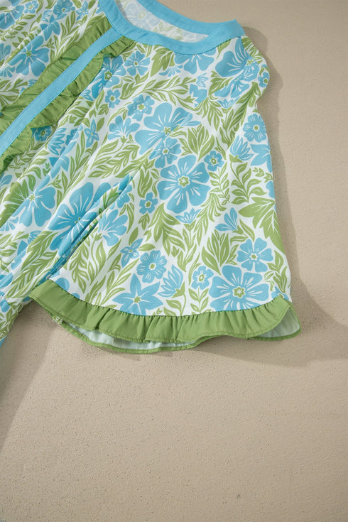 Floral Print High Waist Ruffle Sleeve A Line Dress