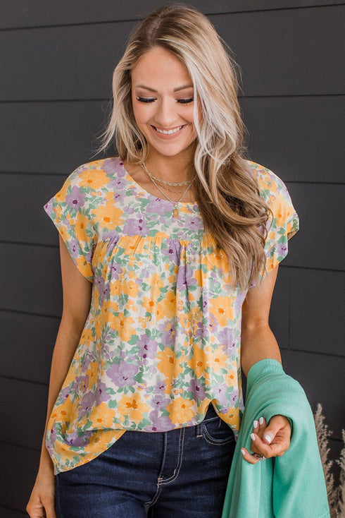 Floral Print Keyhole Back Short Sleeve Babydoll Blouse