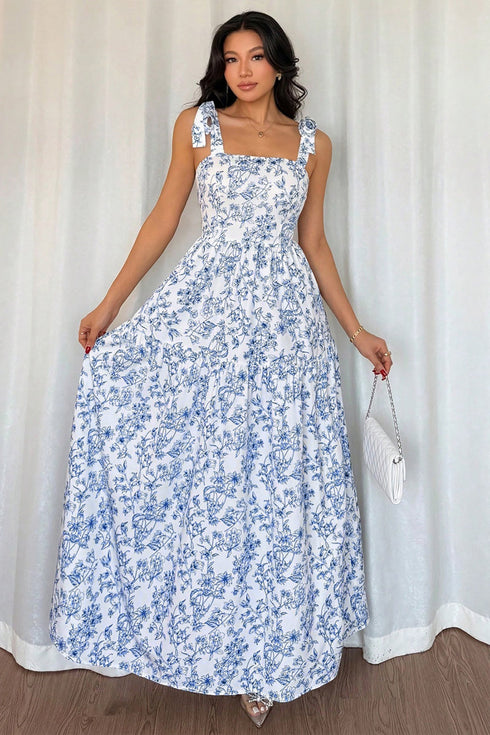 Floral Print Knot Strap High Waist Flared Maxi Dress
