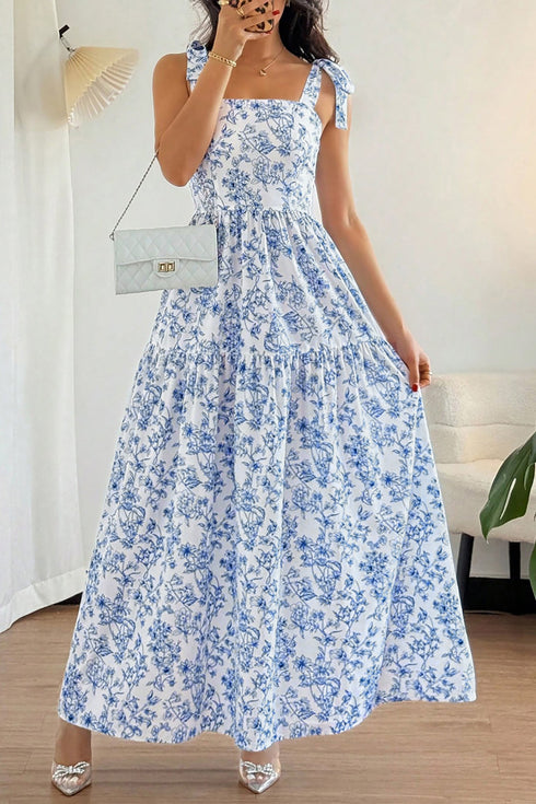 Floral Print Knot Strap High Waist Flared Maxi Dress