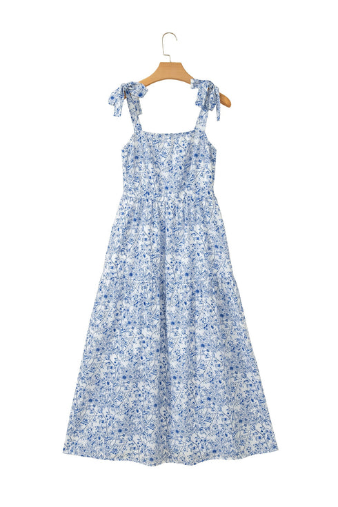 Floral Print Knot Strap High Waist Flared Maxi Dress
