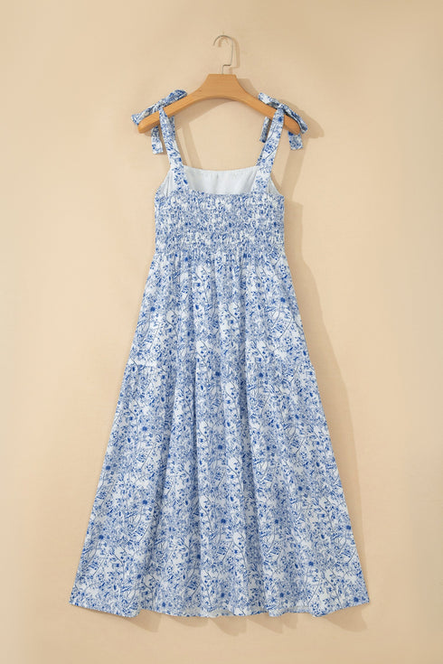 Floral Print Knot Strap High Waist Flared Maxi Dress
