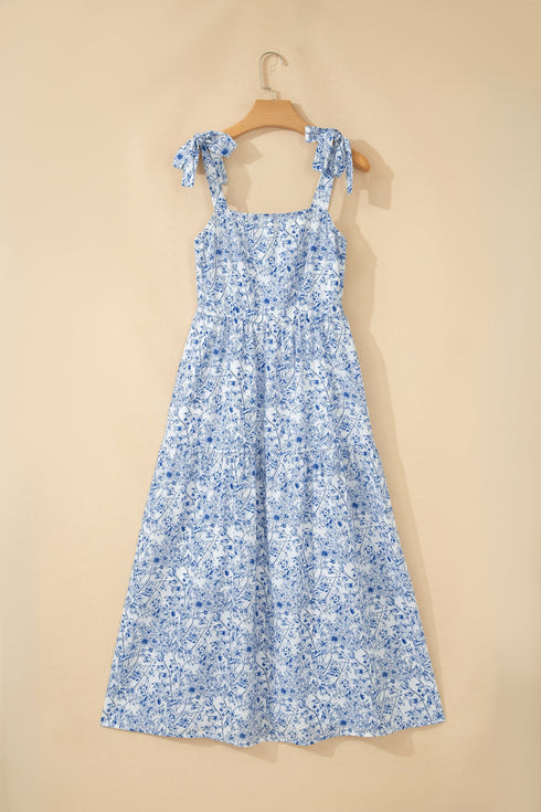 Floral Print Knot Strap High Waist Flared Maxi Dress