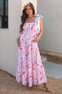 Floral Print Knotted Shoulder Smocked Maxi Dress