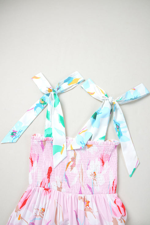 Floral Print Knotted Shoulder Smocked Maxi Dress