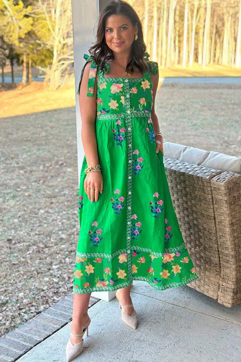 Floral Print Knotted Tie Strap Trimmed Midi Dress