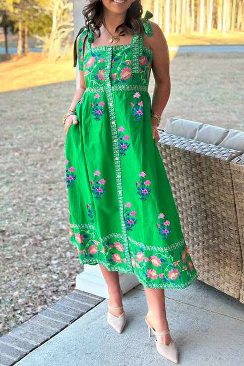 Floral Print Knotted Tie Strap Trimmed Midi Dress