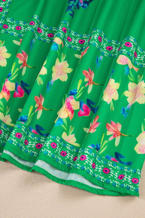 Floral Print Knotted Tie Strap Trimmed Midi Dress