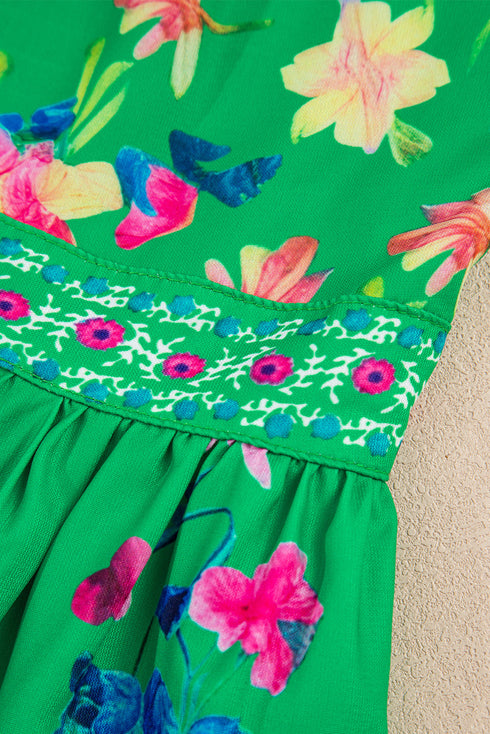 Floral Print Knotted Tie Strap Trimmed Midi Dress