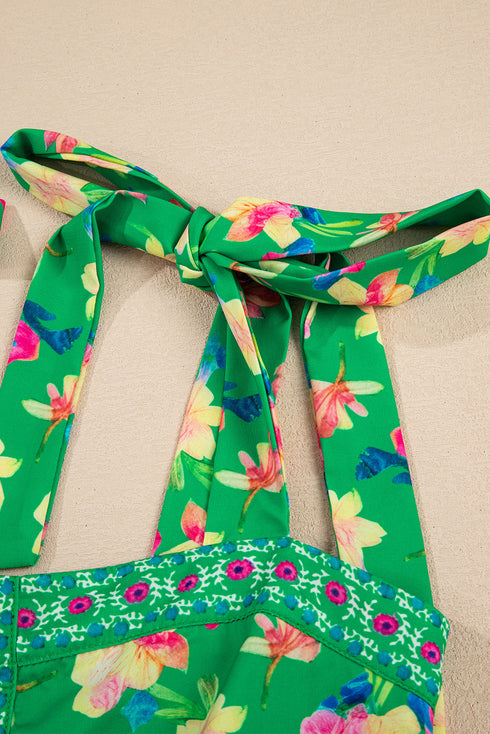 Floral Print Knotted Tie Strap Trimmed Midi Dress