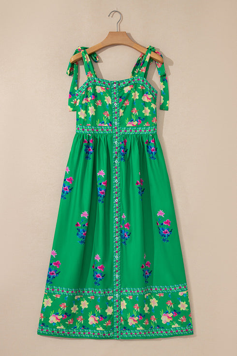 Floral Print Knotted Tie Strap Trimmed Midi Dress