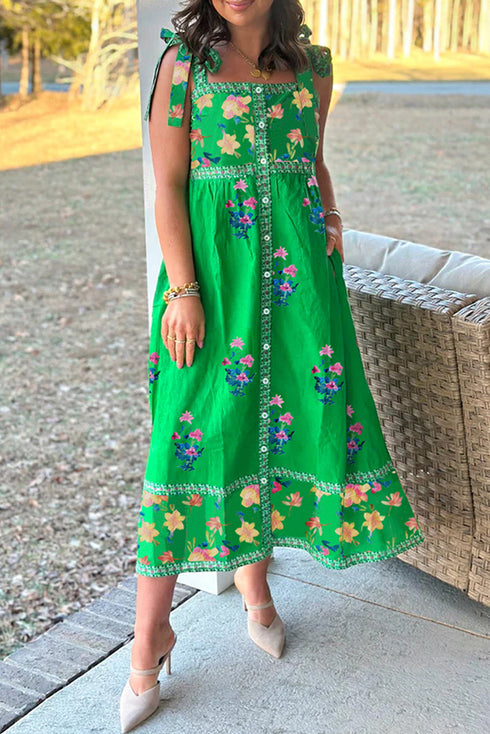 Floral Print Knotted Tie Strap Trimmed Midi Dress
