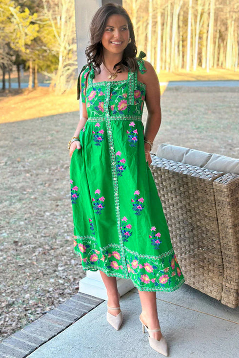 Floral Print Knotted Tie Strap Trimmed Midi Dress