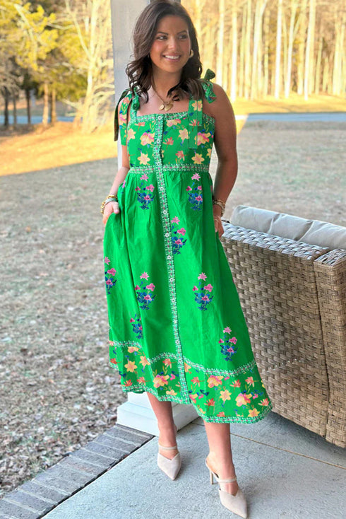 Floral Print Knotted Tie Strap Trimmed Midi Dress