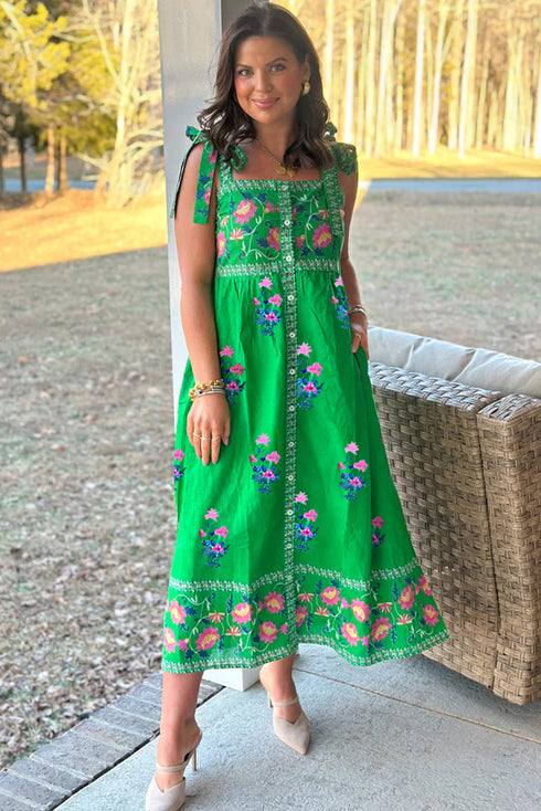 Floral Print Knotted Tie Strap Trimmed Midi Dress