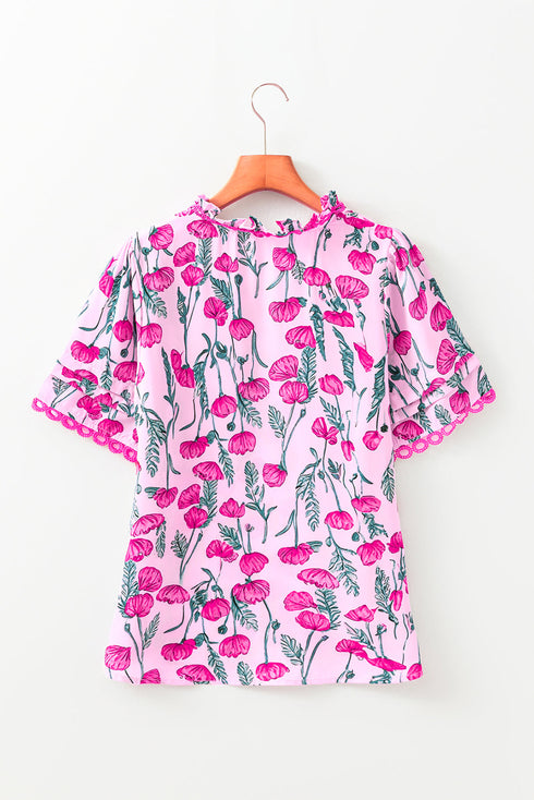 Floral Print Lace Detail Frilled V Neck Blouse