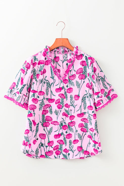 Floral Print Lace Detail Frilled V Neck Blouse