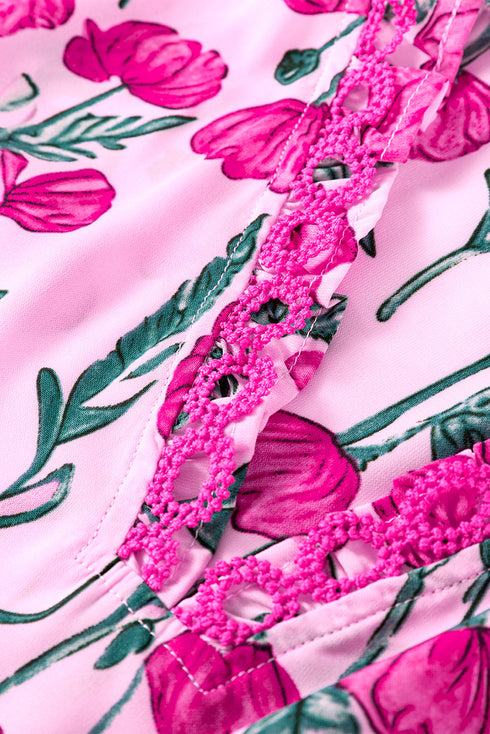 Floral Print Lace Detail Frilled V Neck Blouse