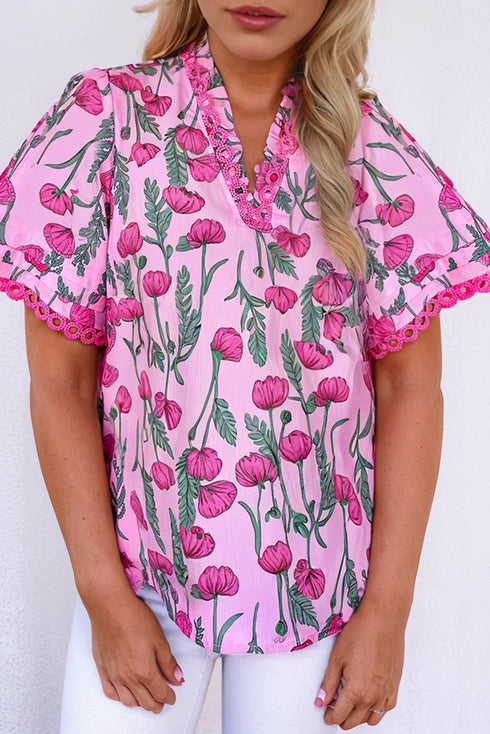 Floral Print Lace Detail Frilled V Neck Blouse