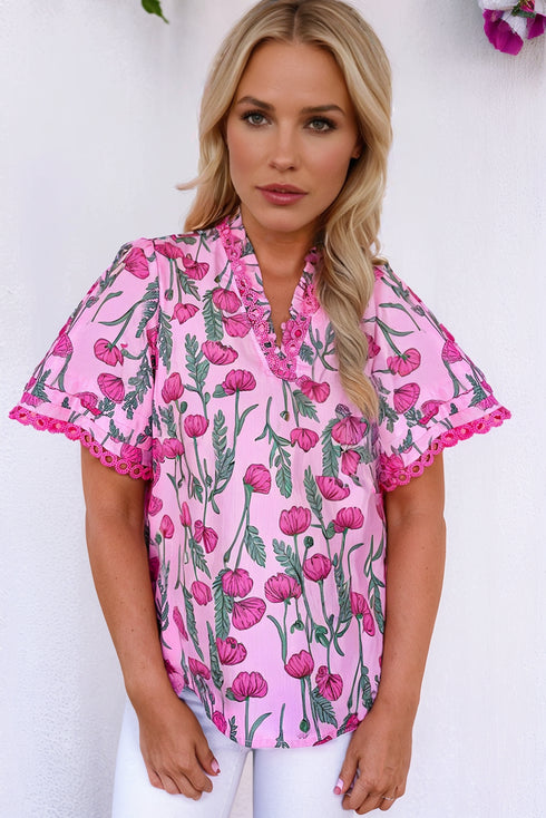 Floral Print Lace Detail Frilled V Neck Blouse