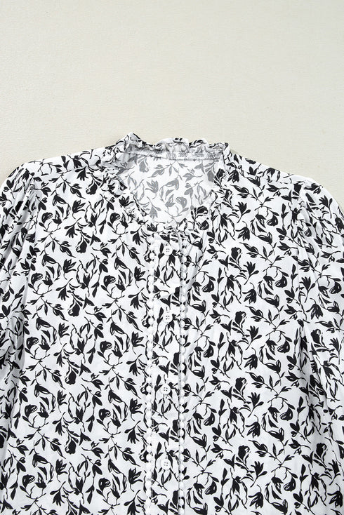 Floral Print Lace Insert Button Front Long Sleeve Blouse