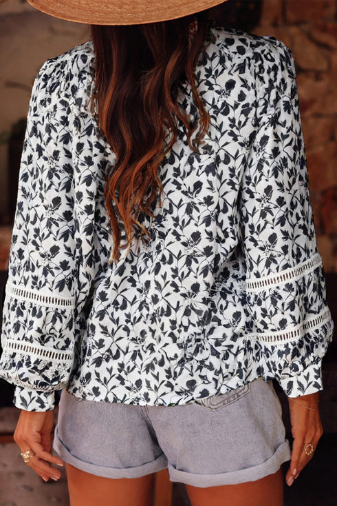 Floral Print Lace Insert Button Front Long Sleeve Blouse