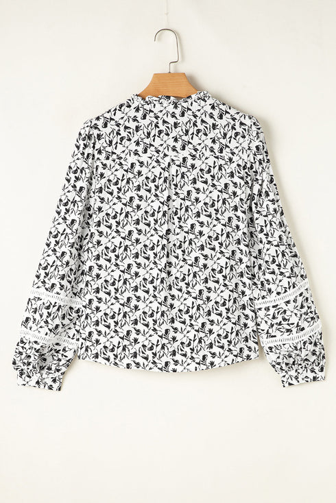 Floral Print Lace Insert Button Front Long Sleeve Blouse