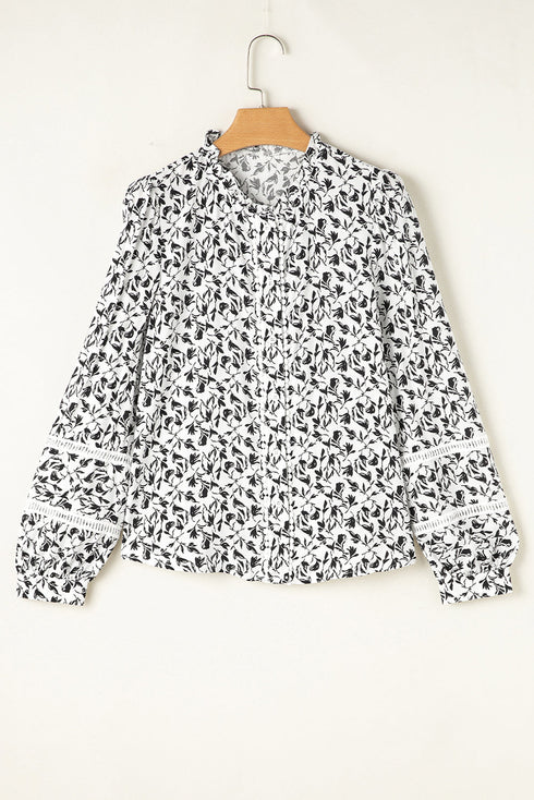 Floral Print Lace Insert Button Front Long Sleeve Blouse