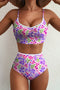 Floral Print Lace Trim Ruched High Waisted Swimsuit