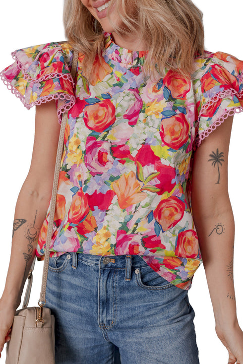Floral Print Lace Trim Ruffle Sleeve Cotton Blouse