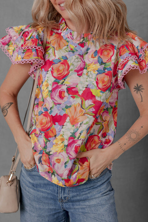 Floral Print Lace Trim Ruffle Sleeve Cotton Blouse