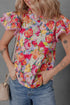 Floral Print Lace Trim Ruffle Sleeve Cotton Blouse