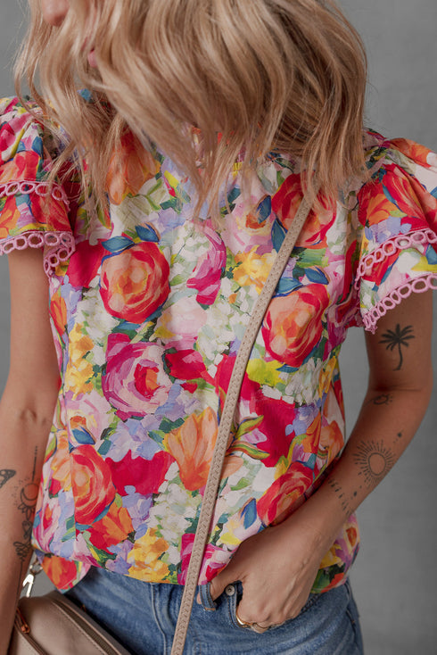 Floral Print Lace Trim Ruffle Sleeve Cotton Blouse