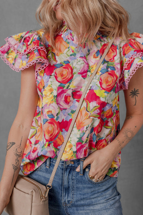 Floral Print Lace Trim Ruffle Sleeve Cotton Blouse