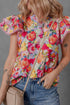 Floral Print Lace Trim Ruffle Sleeve Cotton Blouse