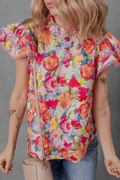 Floral Print Lace Trim Ruffle Sleeve Cotton Blouse