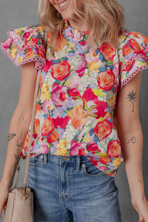 Floral Print Lace Trim Ruffle Sleeve Cotton Blouse