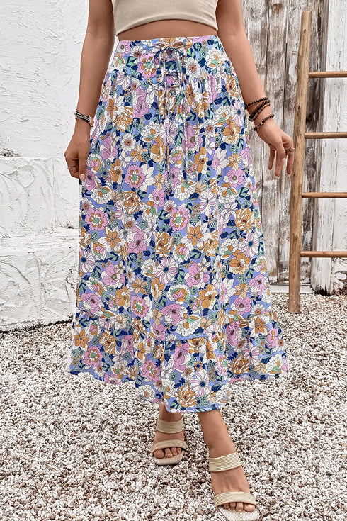 Floral Print Lace Up High Waist Ruffle Maxi Skirt