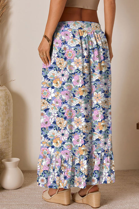 Floral Print Lace Up High Waist Ruffle Maxi Skirt